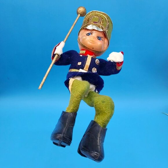 Vintage 1950s Elf Toy Soldier Ornament • Blue Red Green Felt with Velvet Gold Tr - Picture 8 of 10
